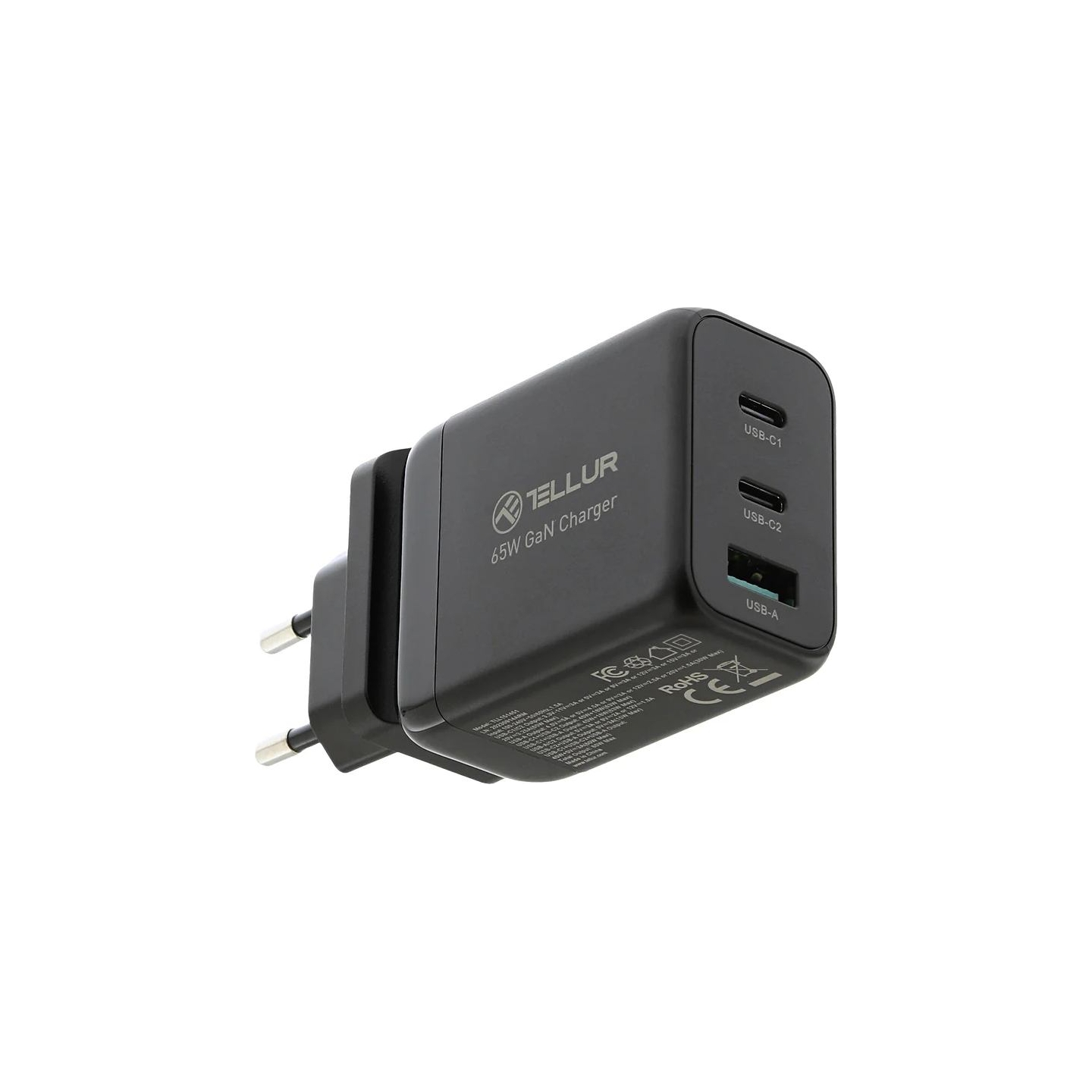 Tellur GaN 65W 3-port wall charger, 2xUSB-C + USB-A, EU,UK,US, black