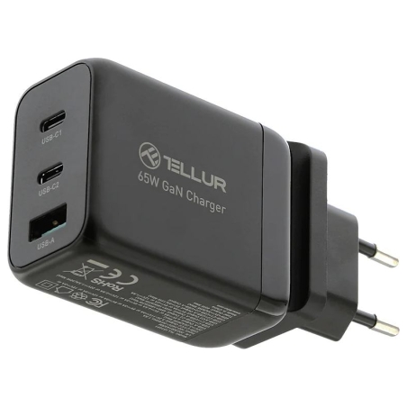Tellur GaN 65W 3-port wall charger, 2xUSB-C + USB-A, EU,UK,US, black