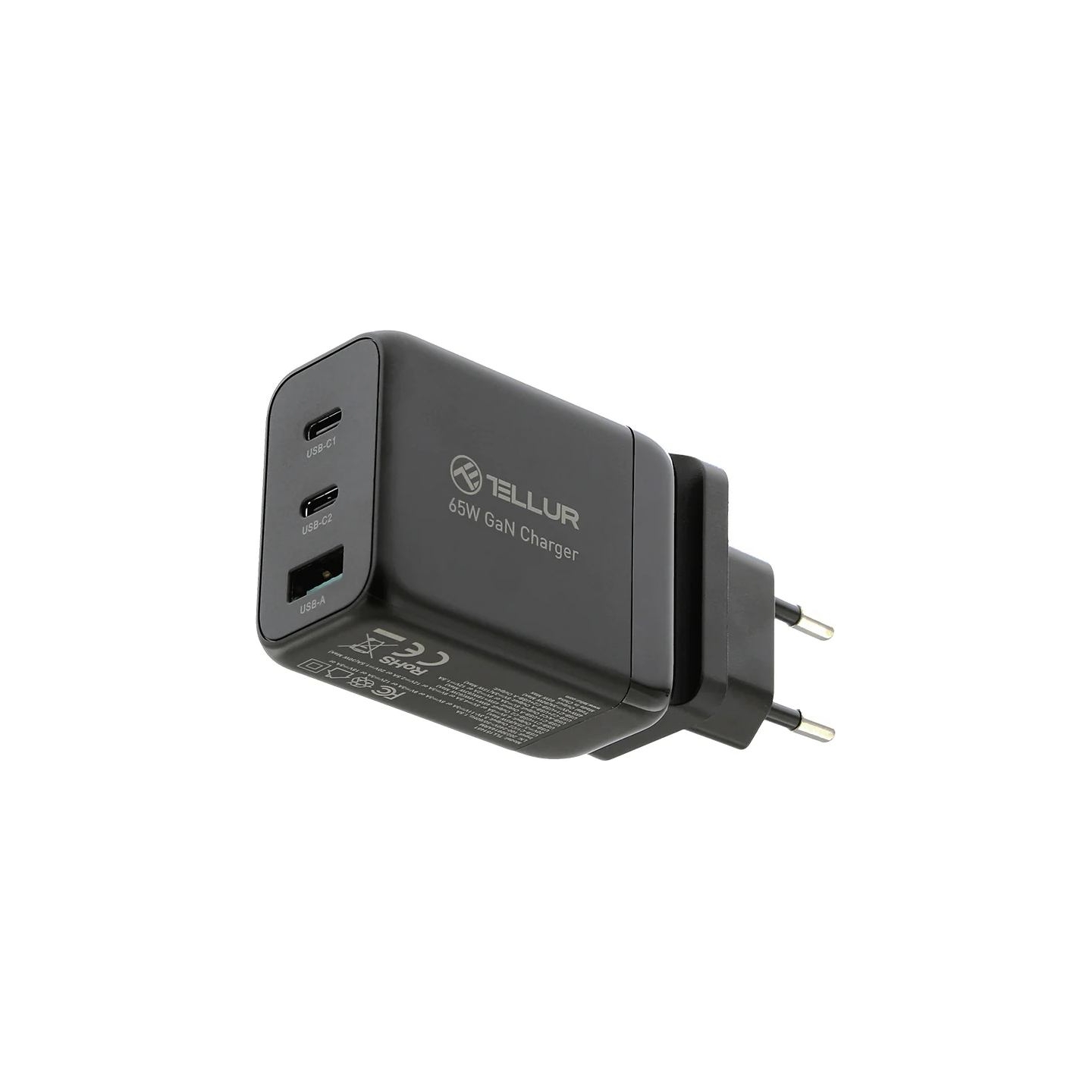 Tellur GaN 65W 3-port wall charger, 2xUSB-C + USB-A, EU,UK,US, black