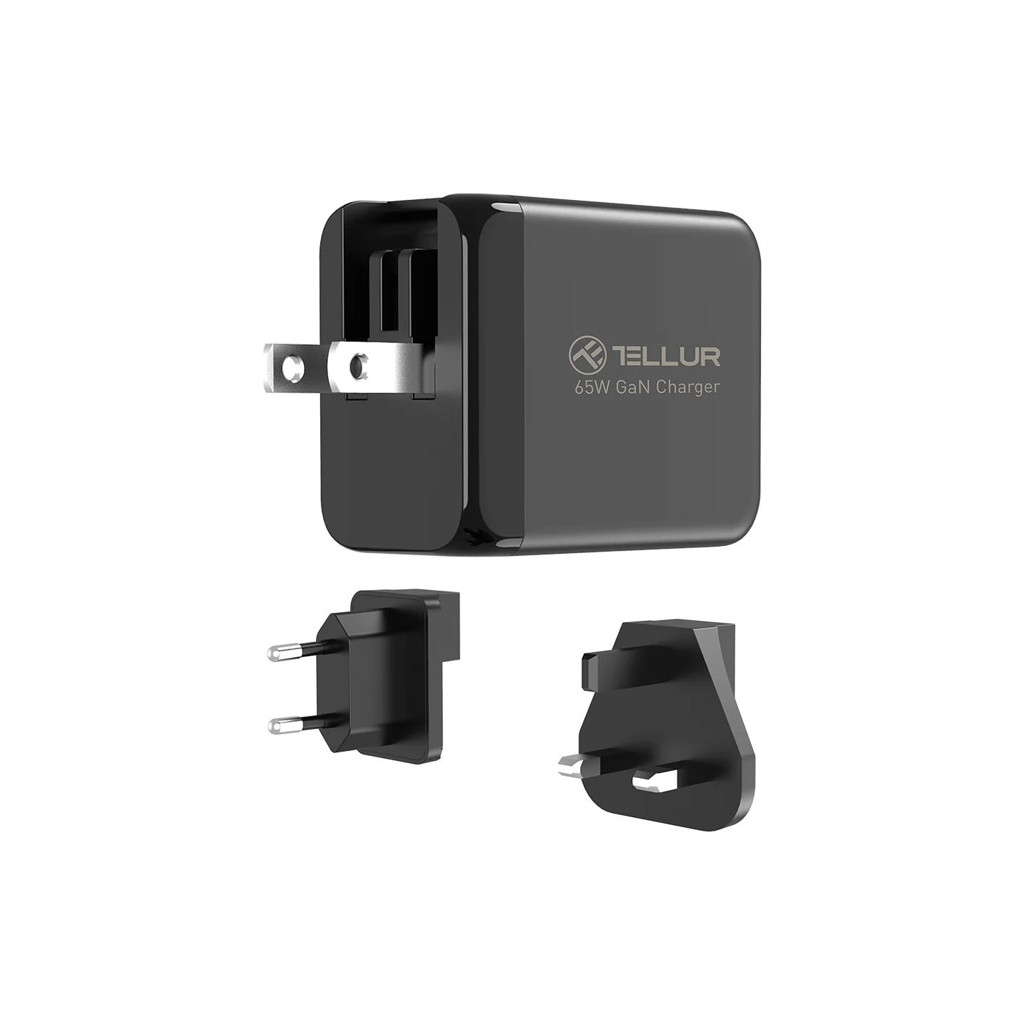 Tellur GaN 65W 3-port wall charger, 2xUSB-C + USB-A, EU,UK,US, black