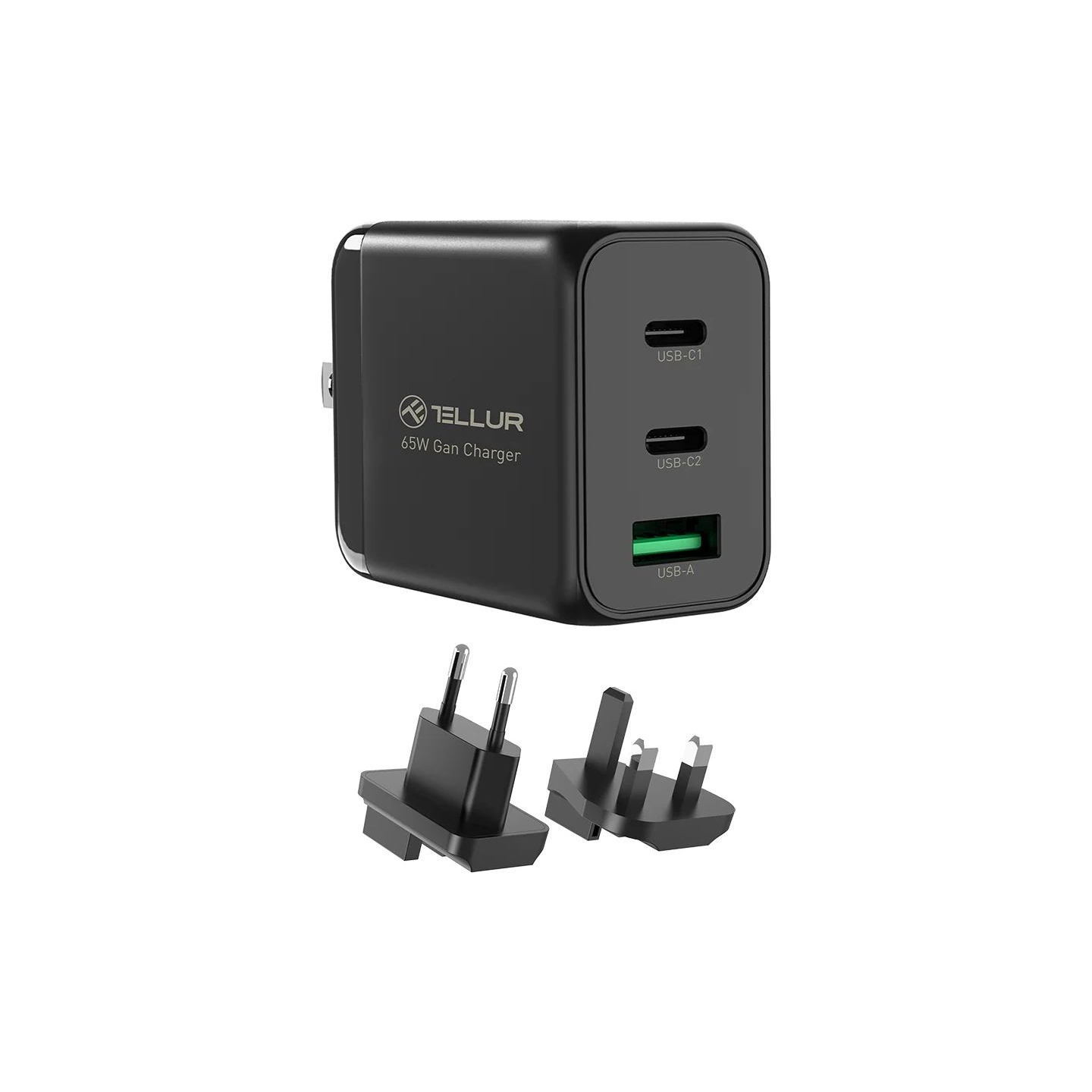 Tellur GaN 65W 3-port wall charger, 2xUSB-C + USB-A, EU,UK,US, black