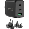 Tellur GaN 65W 3-port wall charger, 2xUSB-C + USB-A, EU,UK,US, black