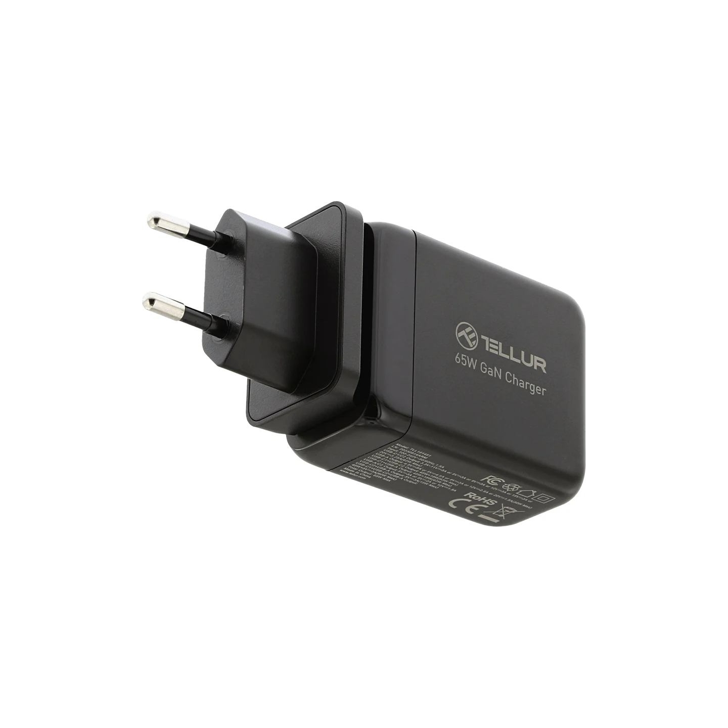 Tellur GaN 65W 3-port wall charger, 2xUSB-C + USB-A, EU,UK,US, black
