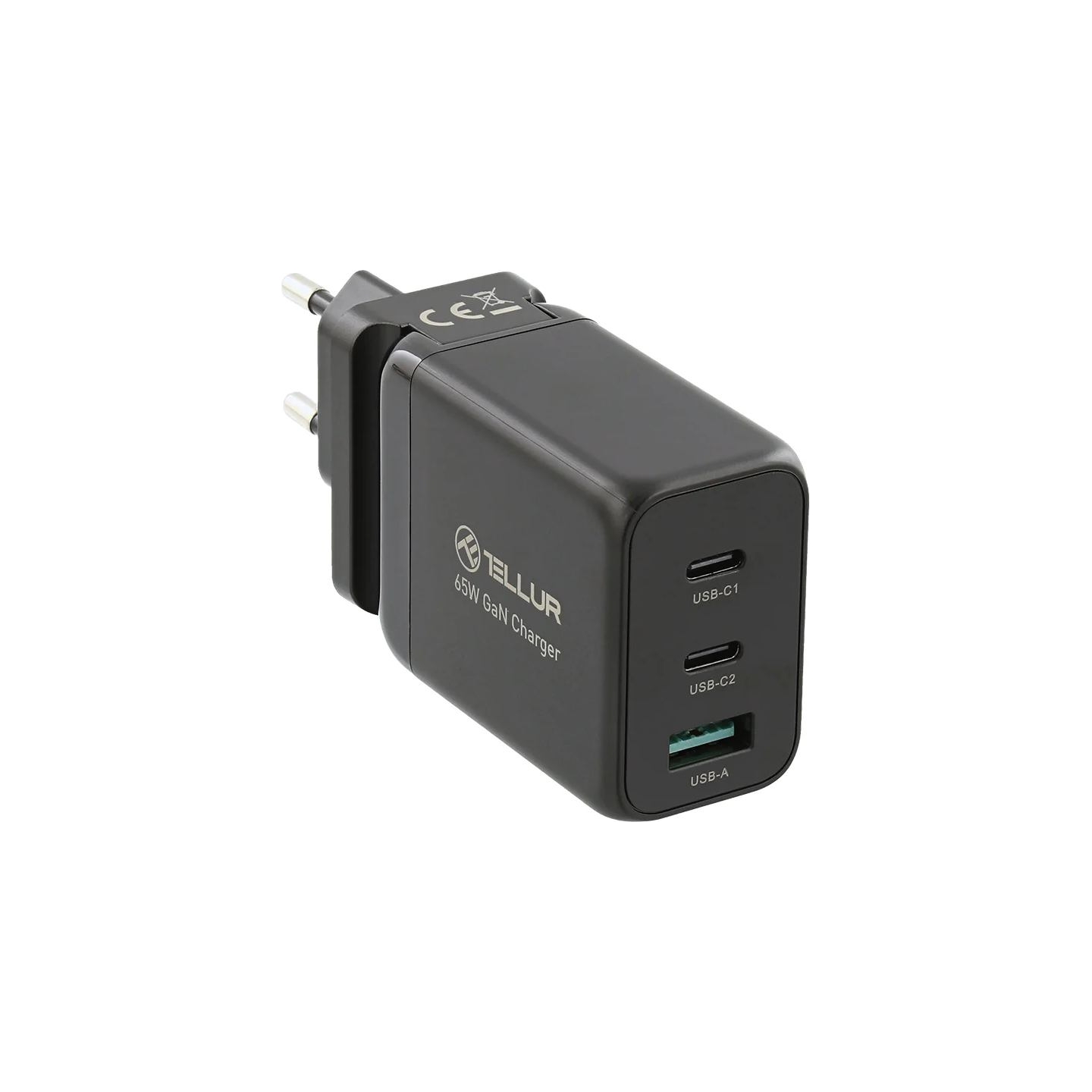 Tellur GaN 65W 3-port wall charger, 2xUSB-C + USB-A, EU,UK,US, black