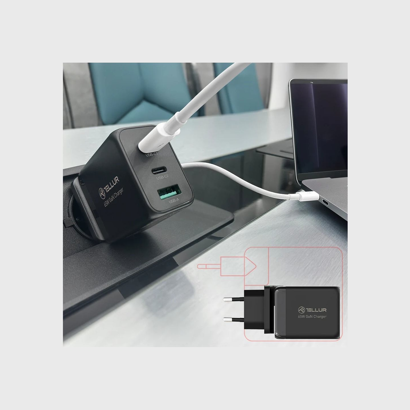 Tellur GaN 65W 3-port wall charger, 2xUSB-C + USB-A, EU,UK,US, black