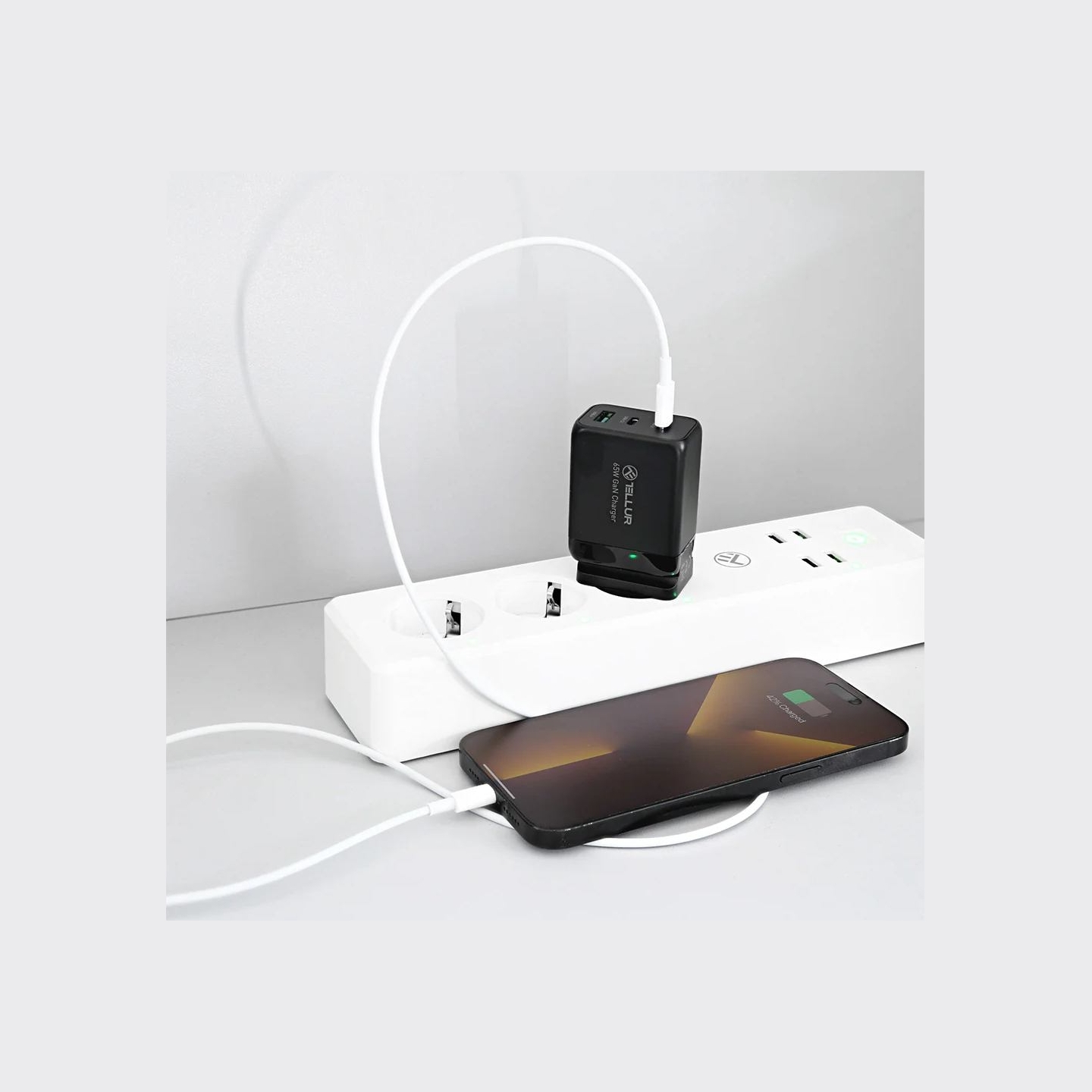 Tellur GaN 65W 3-port wall charger, 2xUSB-C + USB-A, EU,UK,US, black