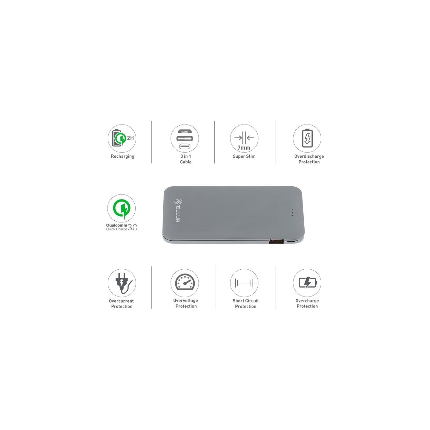 Tellur Power Bank QC 3.0 Fast Charge, 5000mAh, 3in1 gray