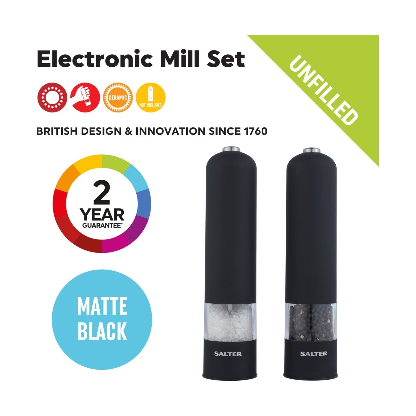 Salter 7524 BKXRUP3 Soft Touch Electric Mill Set, Matte Black