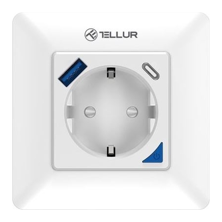 Tellur Smart WiFi Wall Plug 3600W 16A, PD20W, USB 18W, energy reading, white