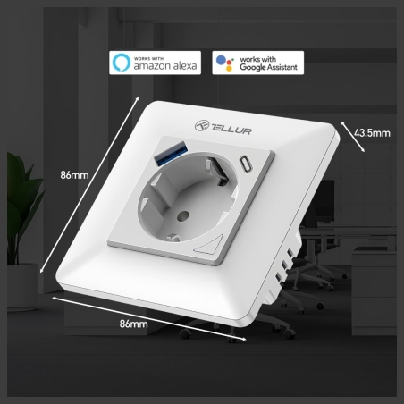 Tellur Smart WiFi Wall Plug 3600W 16A, PD20W, USB 18W, energy reading, white