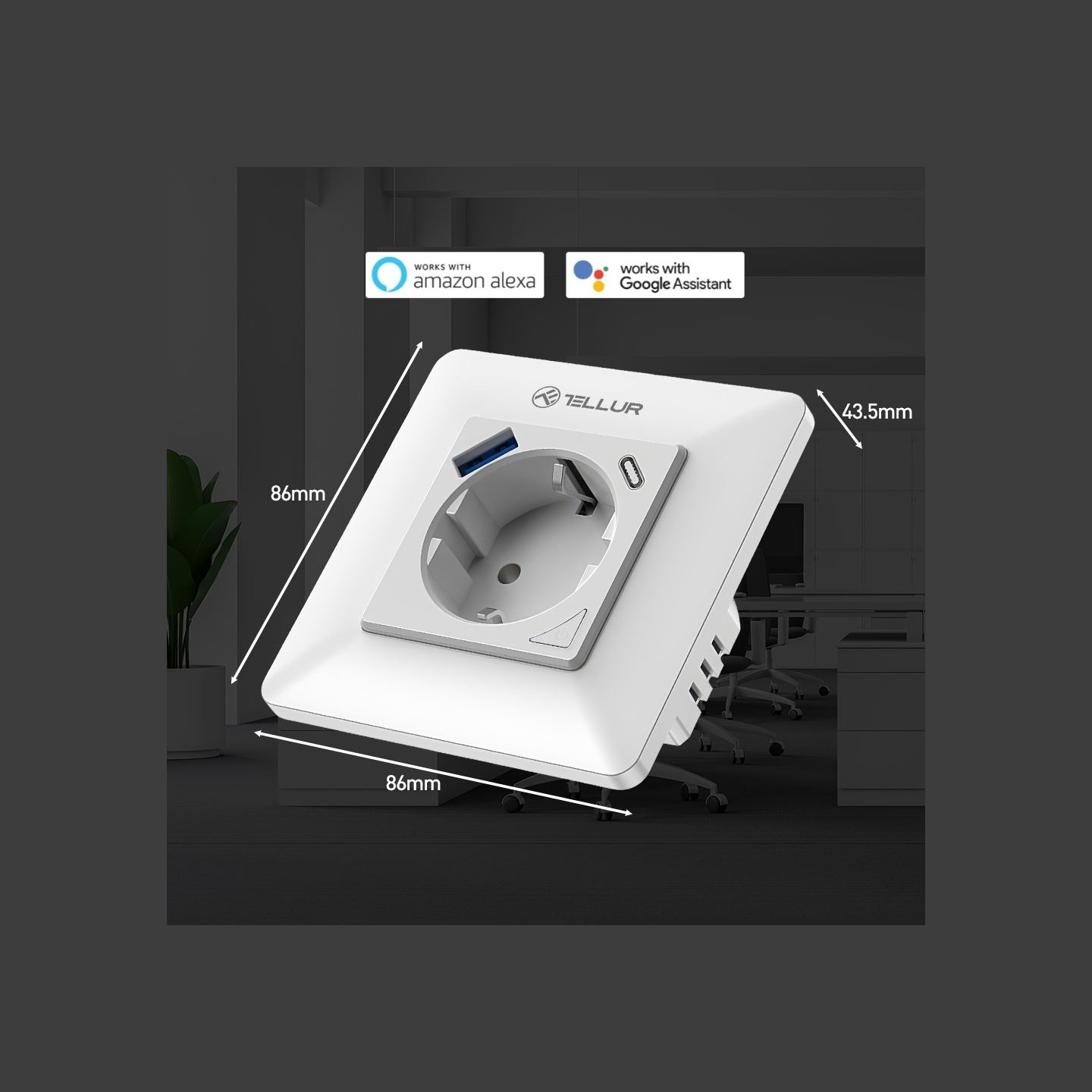 Tellur Smart WiFi Wall Plug 3600W 16A, PD20W, USB 18W, energy reading, white