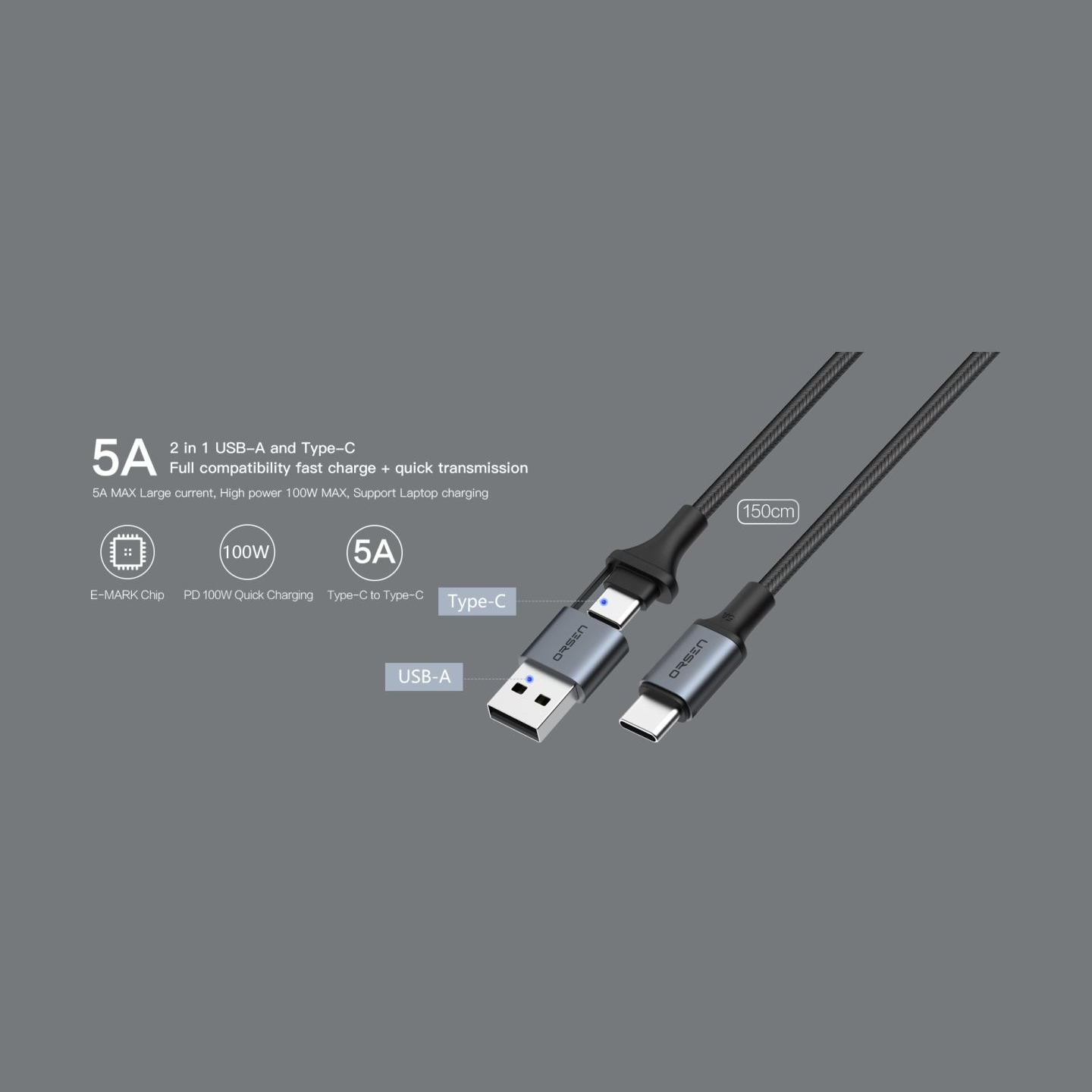 Orsen S8 2-IN-1 USB and Type-C 5A 1.5m black