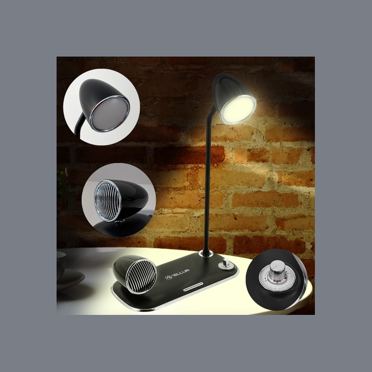 Tellur Nostalgia Wireless Desk Charger, Bluetooth Speaker, Desk Lamp black