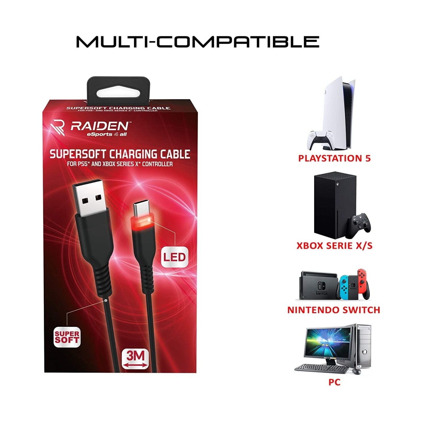 Subsonic Supersoft Charging Cable USB-C for PS5/Xbox/Switch