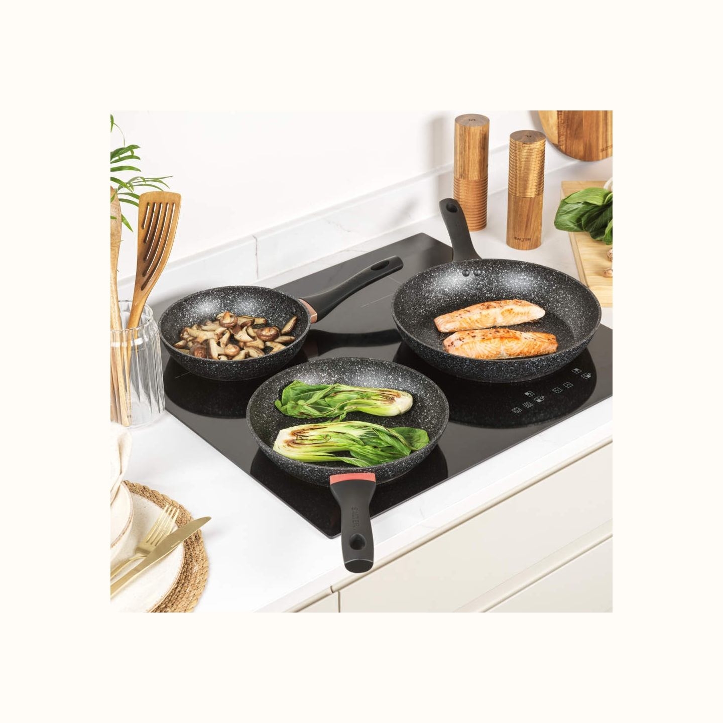 Salter BW11459BRMFOB Megastone Thermo Collar 3-Piece Frying Pan Set - 20/24/28cm