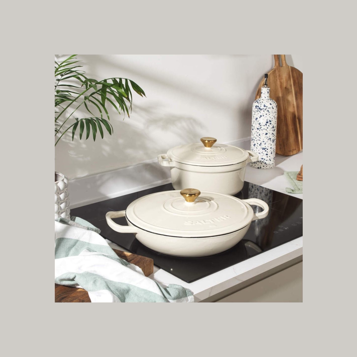 Salter BW13772C Chester 2.8L Shallow Cast Iron Casserole Pot 30 cm, Cream