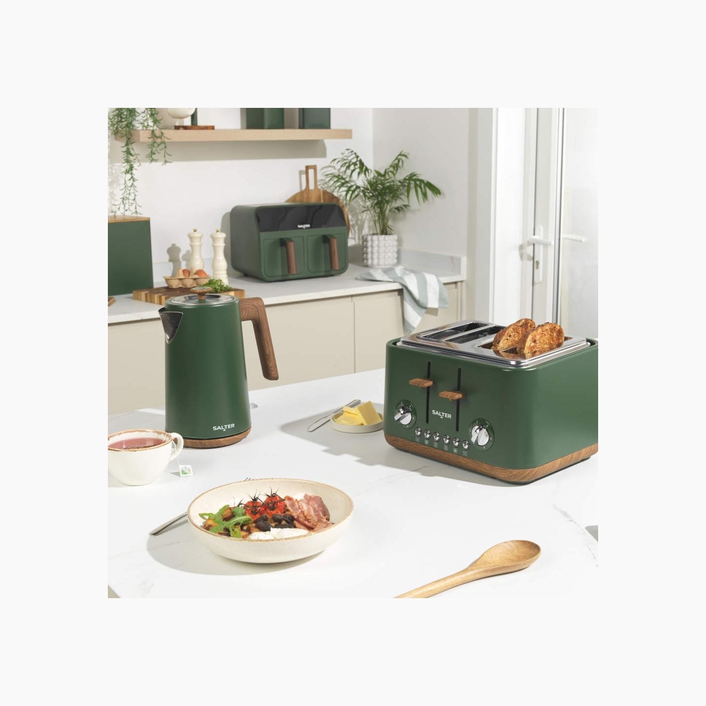 Salter BW12899G Toronto Bread Bin, Green/Wooden