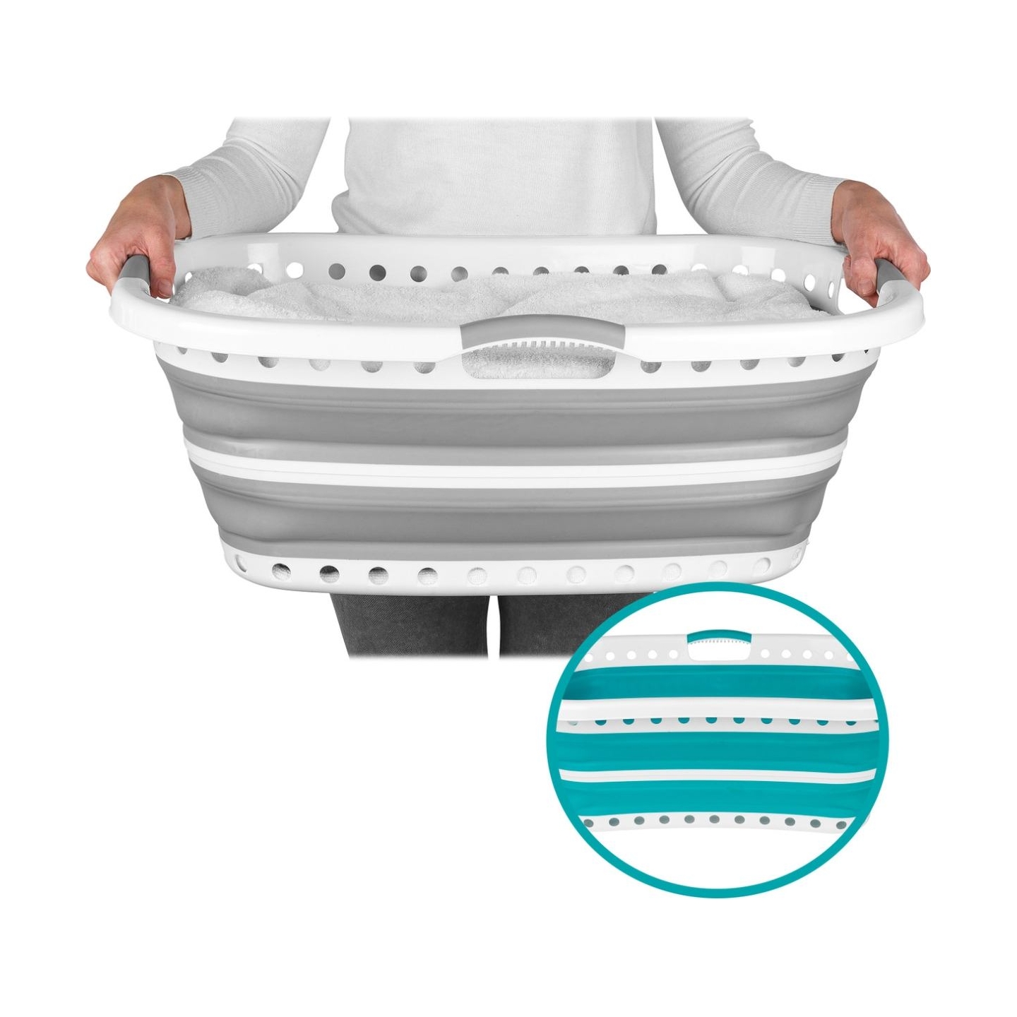 Beldray LA072979PGRYFEU7 Collapsible Hip Hugger Laundry Basket 37L, White/Grey