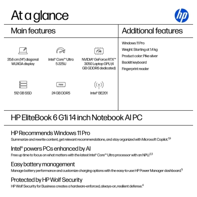 HP EliteBook 6 G1i 14 - Ultra 5 225U, 24GB, 512GB SSD, 14 WUXGA Privacy AG, WWAN-ready, 5MP IR cam, Smartcard, FPR, US backlit k