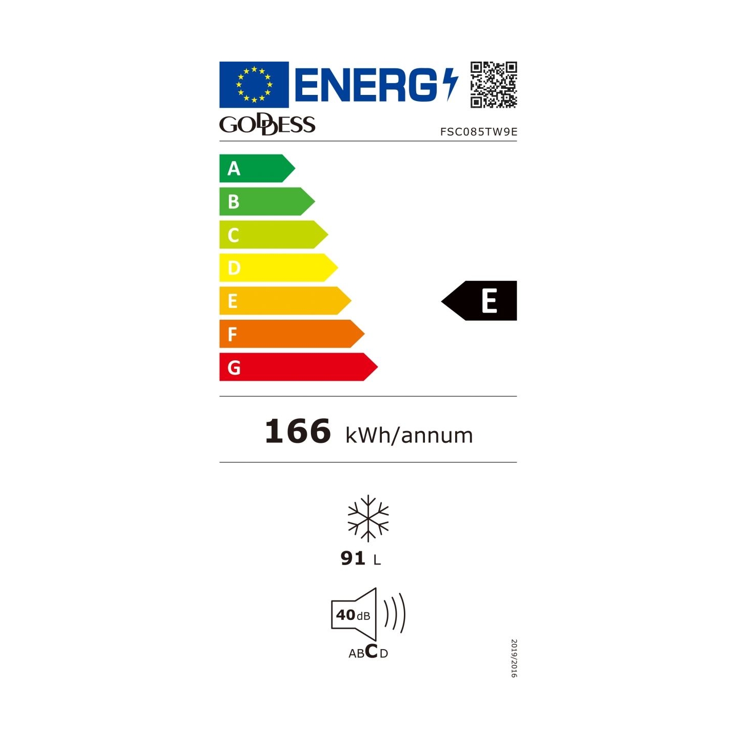 Goddess | Freezer | GODFSC085TW9E | Energy efficiency class E | Upright | Free standing | Height 85 cm | Total net capacity 91 L