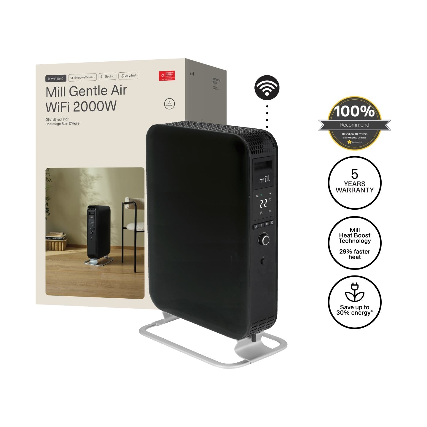 Mill | WiFI GEN3 Oil Filled Radiator | OIL2000WIFI3 | Oil Filled Radiator | 2000 W | Number of power levels 3 | Black