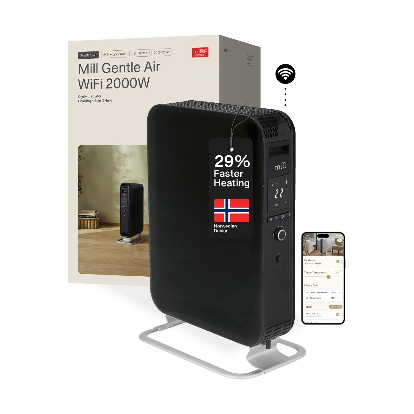 Mill | WiFI GEN3 Oil Filled Radiator | OIL2000WIFI3 | Oil Filled Radiator | 2000 W | Number of power levels 3 | Black