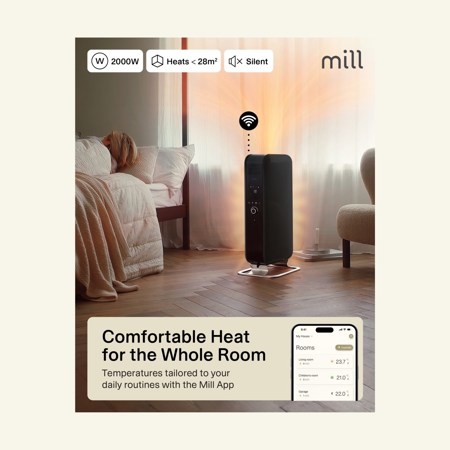 Mill | WiFI GEN3 Oil Filled Radiator | OIL2000WIFI3 | Oil Filled Radiator | 2000 W | Number of power levels 3 | Black