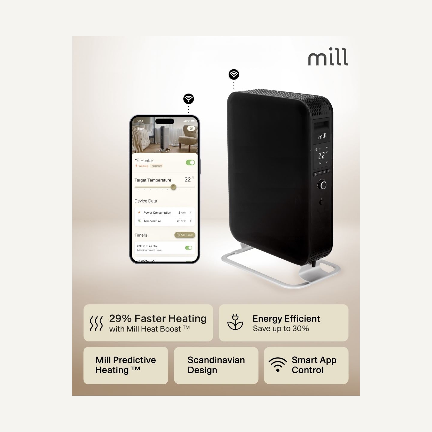 Mill | WiFI GEN3 Oil Filled Radiator | OIL2000WIFI3 | Oil Filled Radiator | 2000 W | Number of power levels 3 | Black
