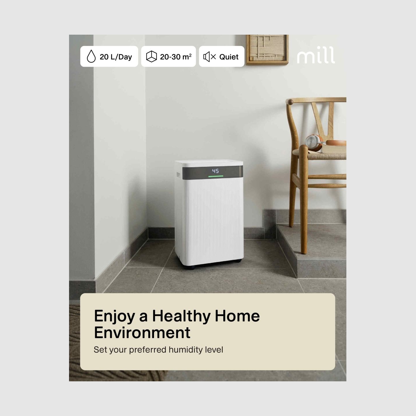 Mill | Dehumidifier | MDH20 | Suitable for rooms up to 20-30 m² | Water tank capacity 4 L | White