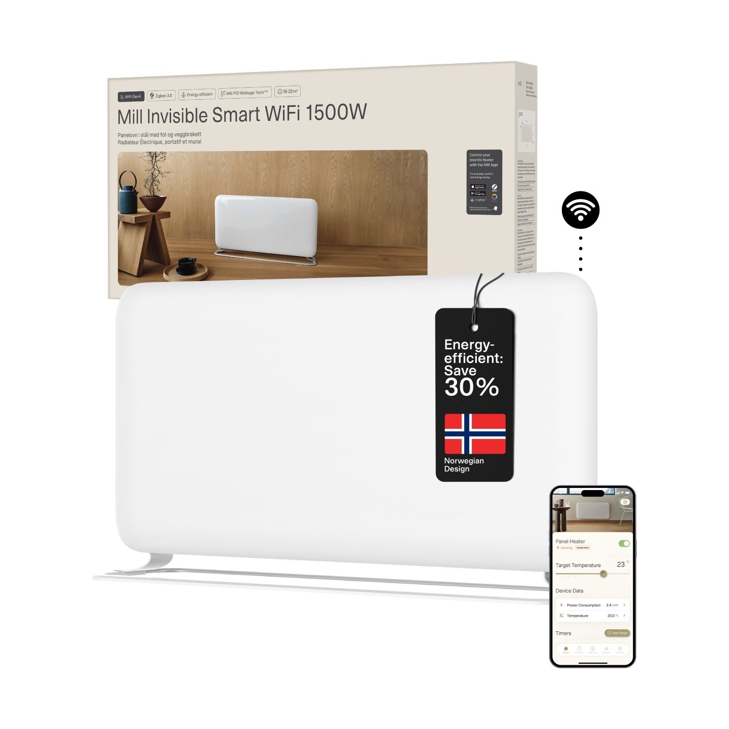 Mill WiFi Panel Heater | PA1500WIFI4A | Panel Heater | 1500 W | Suitable for rooms up to 22 m² | White | IPX4