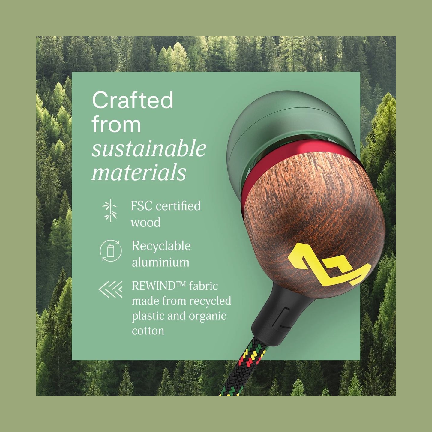 Marley Wired Earbuds | Smile Jamaica | Built-in microphone | USB Type-C | Rasta