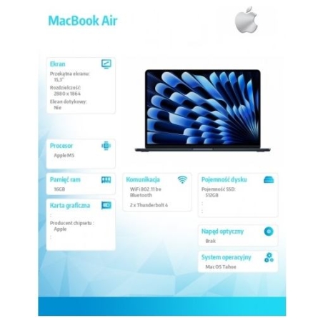 Apple MacBook Air 15.3-inch: M5 10/10, 16GB, 512GB SSD, without power supply - Midnight