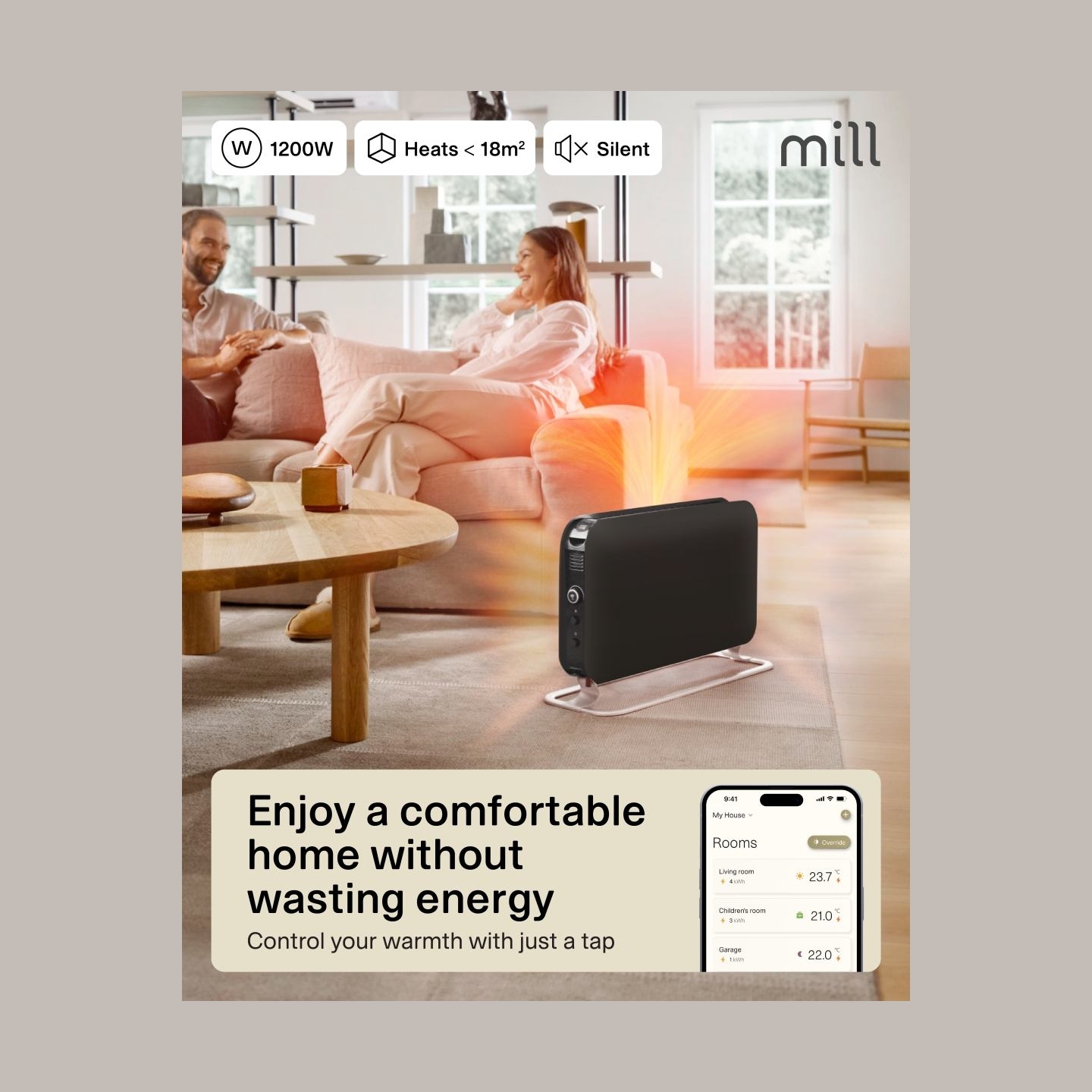 Mill CO1200WIFI3BLACK GEN3 Convection Heater, 1200W, Steel fronts, LED display, Black | Mill | Heater | CO1200WIFI3BLACK GEN3 | 