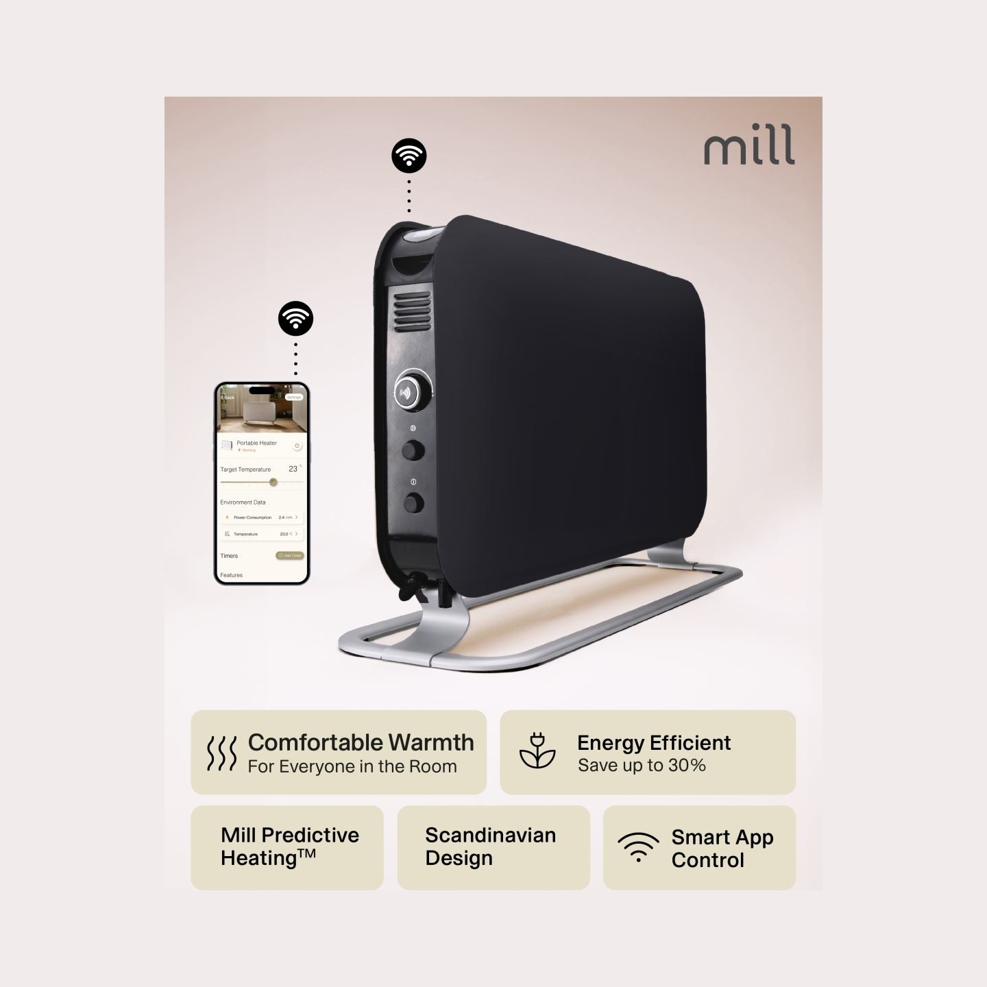 Mill CO1200WIFI3BLACK GEN3 Convection Heater, 1200W, Steel fronts, LED display, Black | Mill | Heater | CO1200WIFI3BLACK GEN3 | 
