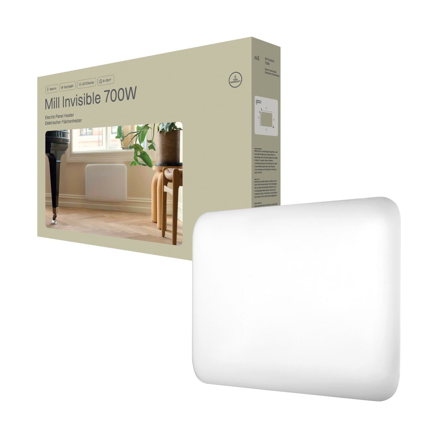 Mill IB700DN | Panel Heater | 700 W | Suitable for rooms up to 9-12 m² | White | Invisible Heater | IPX4