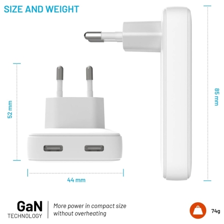Fixed Slim 2xUSB-C Travel Charger, GaN, PD support
