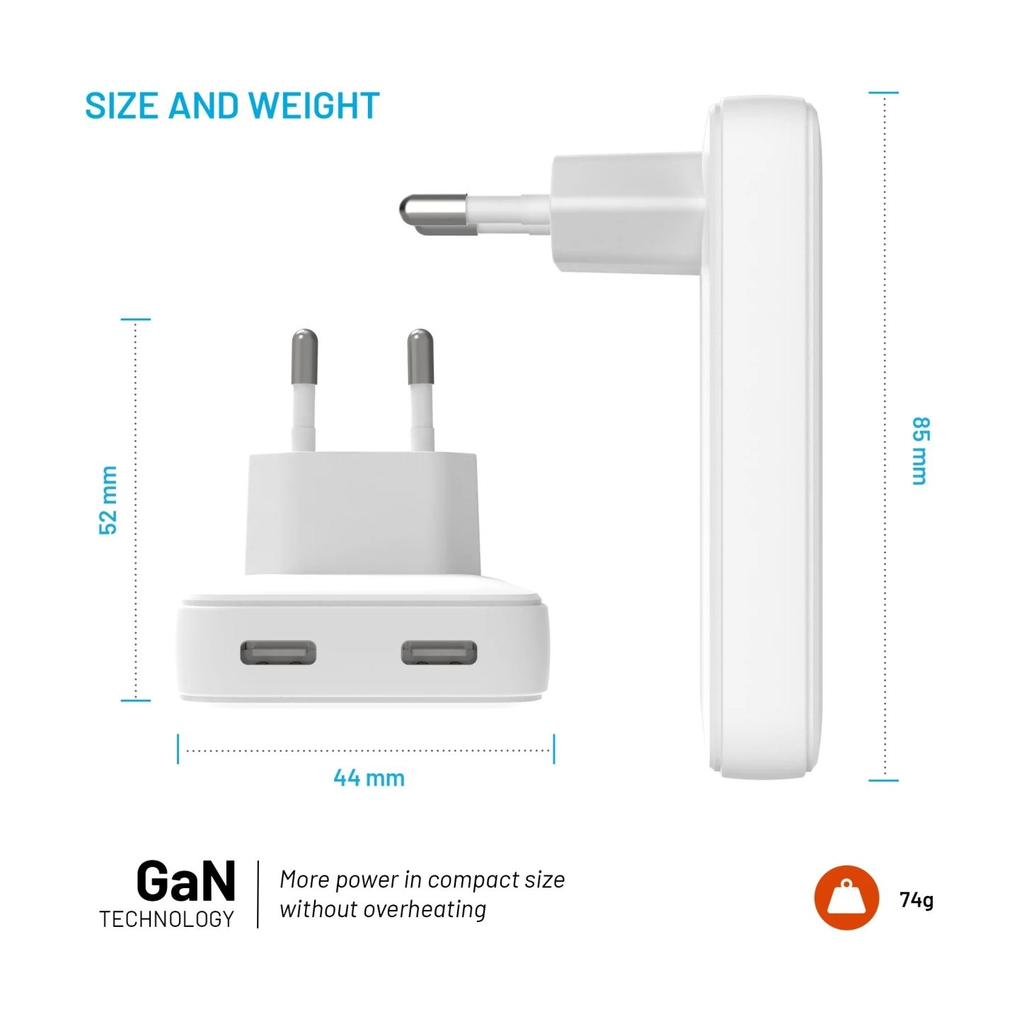 Fixed Slim 2xUSB-C Travel Charger, GaN, PD support