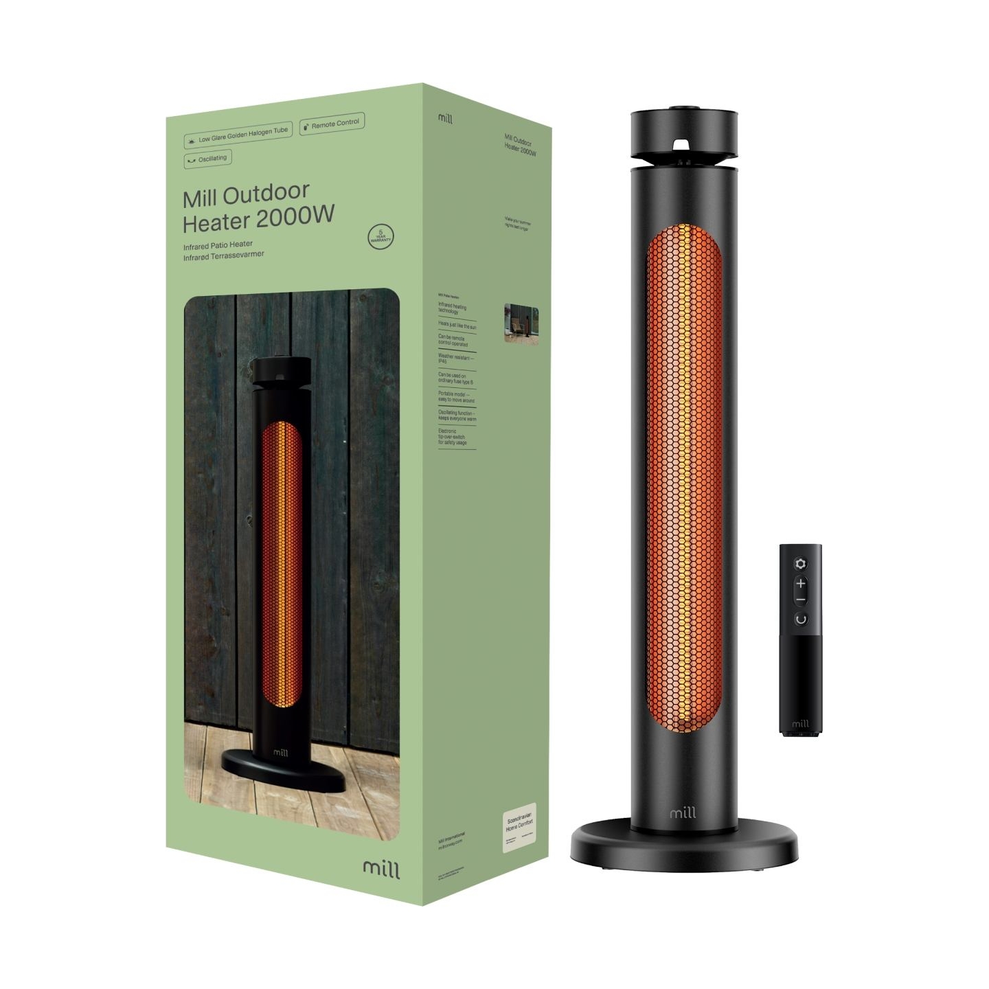 Mill CBOC20FLOOR Oscilliating Infrared Outdoor Heater, 2000 W, Black | Mill