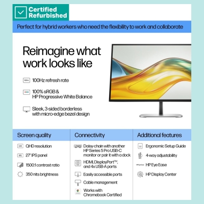 HP RENEW GOLD HP 527pq Series 5 Pro QHD Monitor - 27" 2560x1440 QHD 350-nit 100Hz AG, IPS, HDMI/DisplayPort, 4x USB-A, height ad