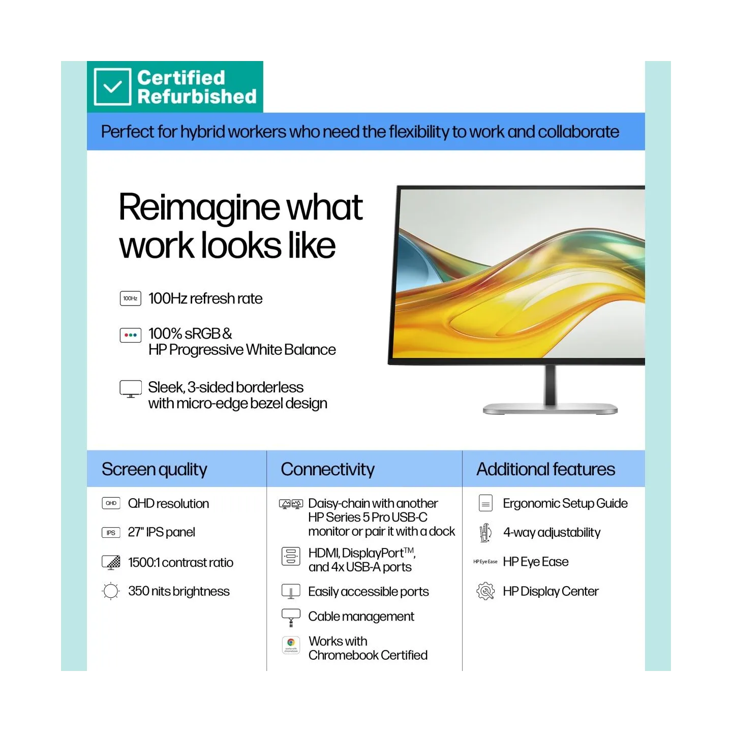 HP RENEW GOLD HP 527pq Series 5 Pro QHD Monitor - 27" 2560x1440 QHD 350-nit 100Hz AG, IPS, HDMI/DisplayPort, 4x USB-A, height ad