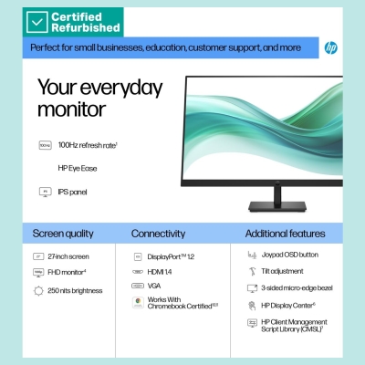 HP RENEW SILVER HP 327pf Series 3 Pro FHD Monitor - 27" 1920x1080 FHD 250-nit 100Hz AG, IPS, HDMI/VGA/DisplayPort, tilt, 1 years