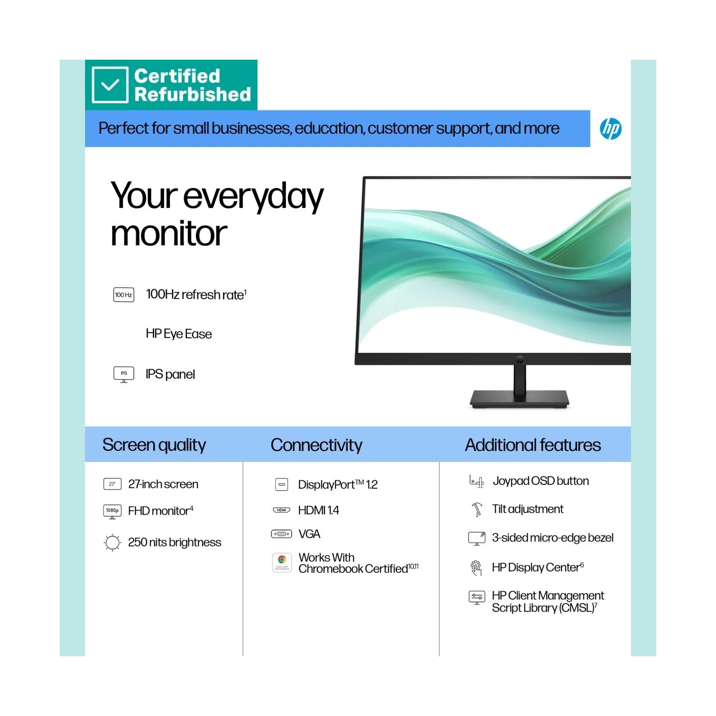 HP RENEW SILVER HP 327pf Series 3 Pro FHD Monitor - 27" 1920x1080 FHD 250-nit 100Hz AG, IPS, HDMI/VGA/DisplayPort, tilt, 1 years