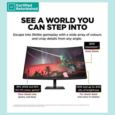HP RENEW GOLD OMEN by HP 32c Curved Gaming Monitor - 31.5" 2560x1440 QHD 400-nit 165Hz AG, Curved, VA HDR 400, 2x HDMI/DisplayPo