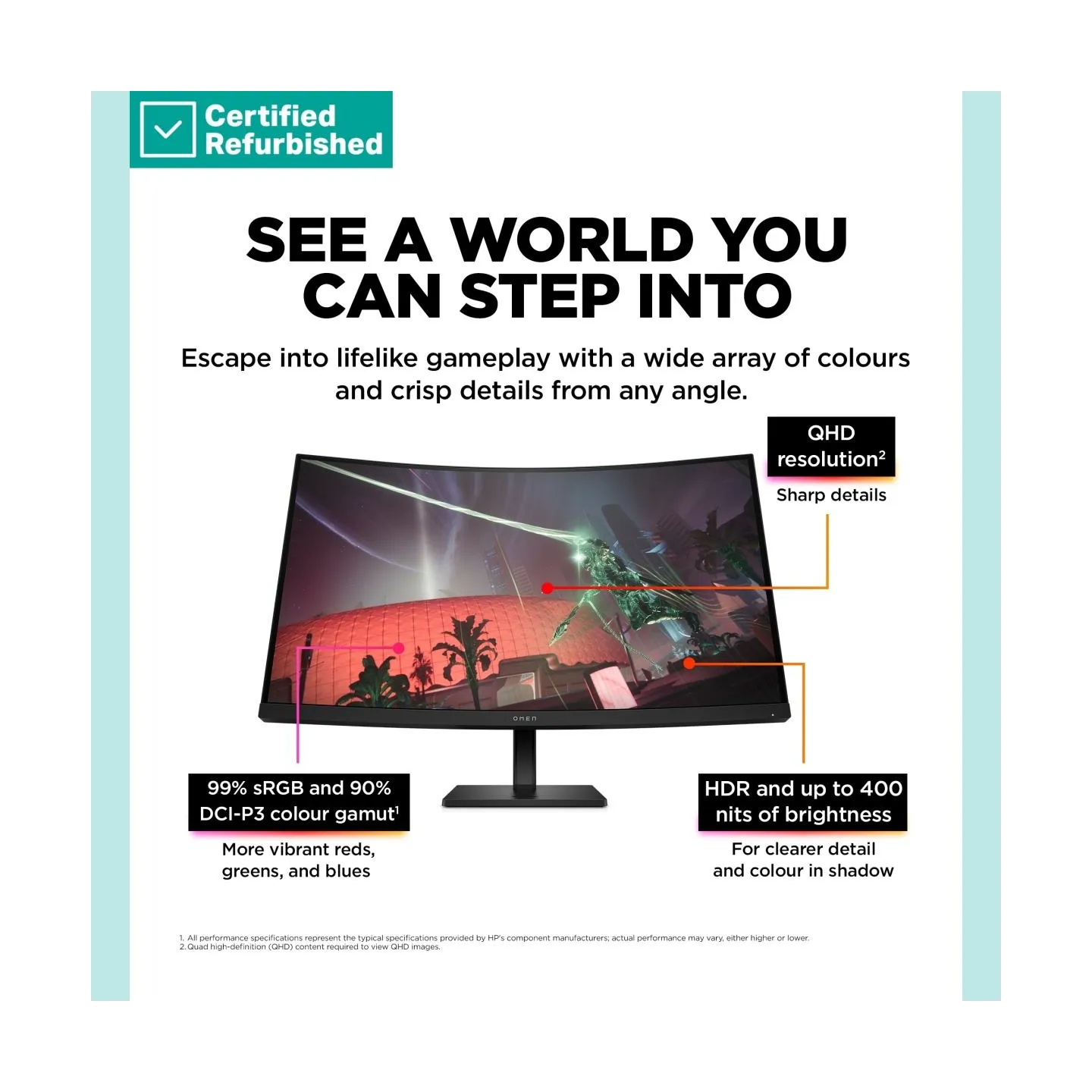 HP RENEW GOLD OMEN by HP 32c Curved Gaming Monitor - 31.5" 2560x1440 QHD 400-nit 165Hz AG, Curved, VA HDR 400, 2x HDMI/DisplayPo