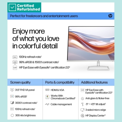 HP RENEW GOLD HP 532sf Series 5 FHD Monitor - 31.5" 1920x1080 FHD 300-nit 100Hz AG, VA, 2x HDMI/VGA, tilt, 1 years / 94F50AAR#AB
