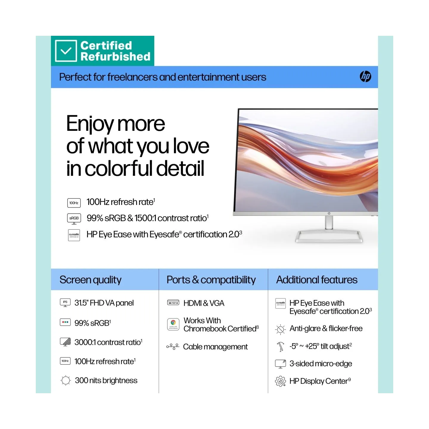 HP RENEW GOLD HP 532sf Series 5 FHD Monitor - 31.5" 1920x1080 FHD 300-nit 100Hz AG, VA, 2x HDMI/VGA, tilt, 1 years / 94F50AAR#AB