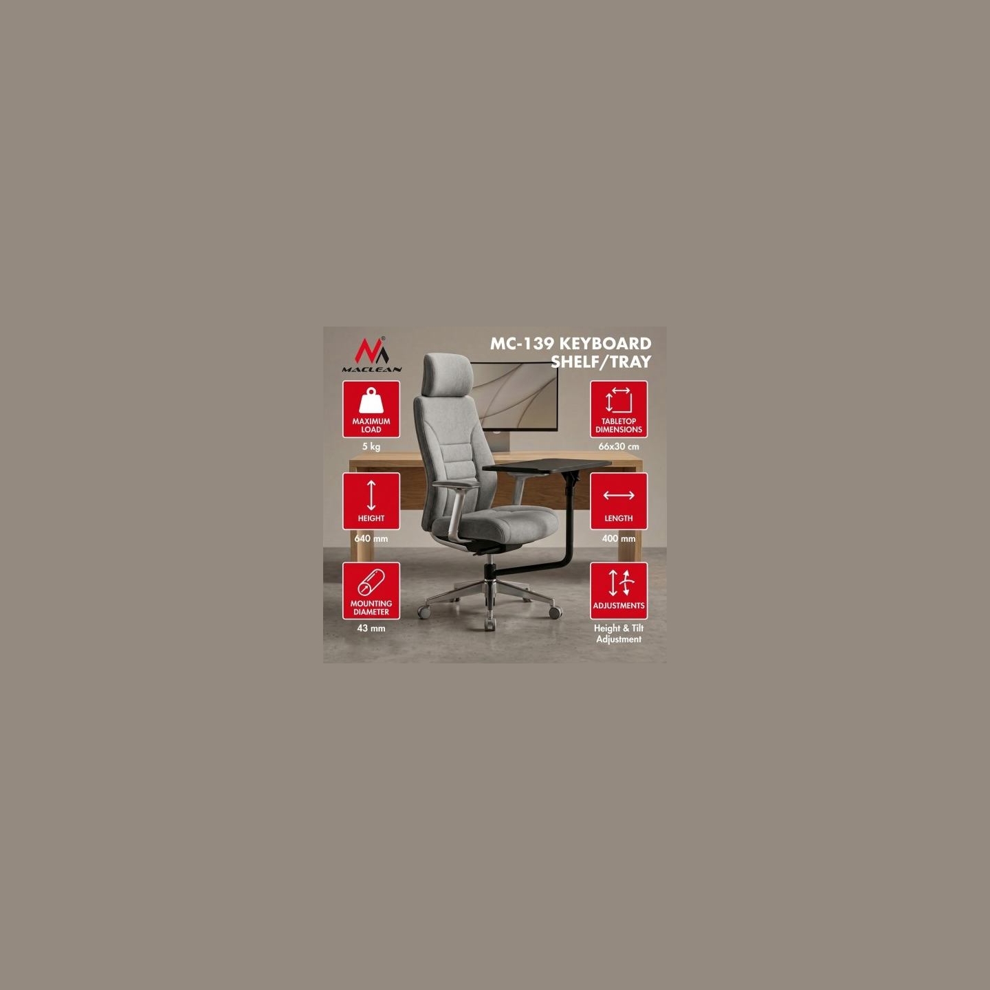 Maclean Keyboard tray for mounting on chair MC-139