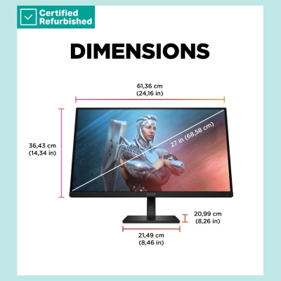 HP RENEW SILVER OMEN by HP 27 FHD Gaming Monitor - 27" 1920x1080 FHD 400-nit 165Hz AG, IPS HDR 400, 2x HDMI/DisplayPort, height 