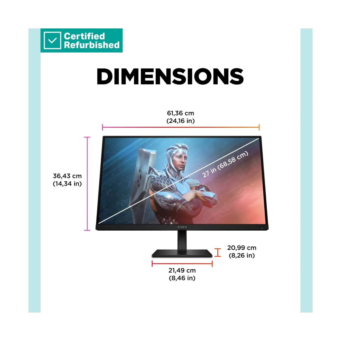 HP RENEW SILVER OMEN by HP 27 FHD Gaming Monitor - 27" 1920x1080 FHD 400-nit 165Hz AG, IPS HDR 400, 2x HDMI/DisplayPort, height 