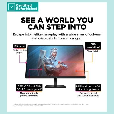 HP RENEW SILVER OMEN by HP 27 FHD Gaming Monitor - 27" 1920x1080 FHD 400-nit 165Hz AG, IPS HDR 400, 2x HDMI/DisplayPort, height 